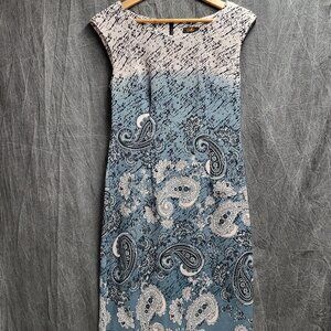 Women's Size 6 Blue & Silver Paisley Dress w/ Black Bottom & Small Side Splits